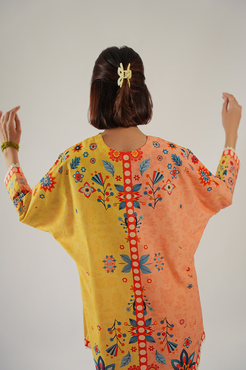 Pakistani Peach & Yellow Printed Cambric Salwar Kameez (2-Piece) - Image 2