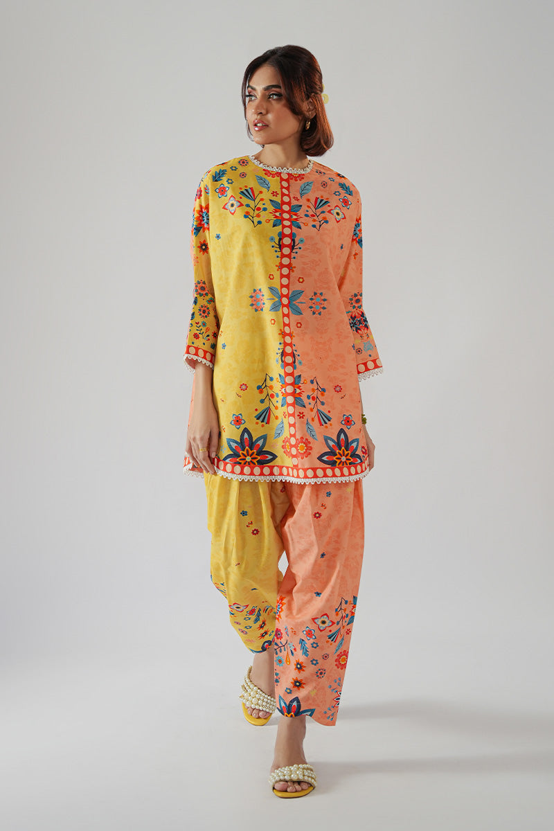 Pakistani Peach & Yellow Printed Cambric Salwar Kameez (2-Piece) - Image 3