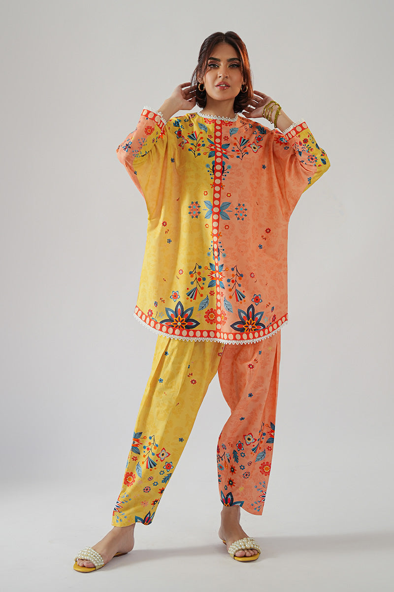 Pakistani Peach & Yellow Printed Cambric Salwar Kameez (2-Piece) - Image 4