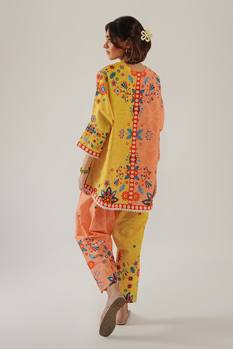 Peach & Yellow Printed Cambric Salwar Kameez (2-Piece) - Image 1