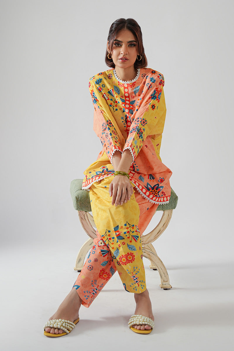 Peach & Yellow Printed Cambric Salwar Kameez (2-Piece) - Image 5