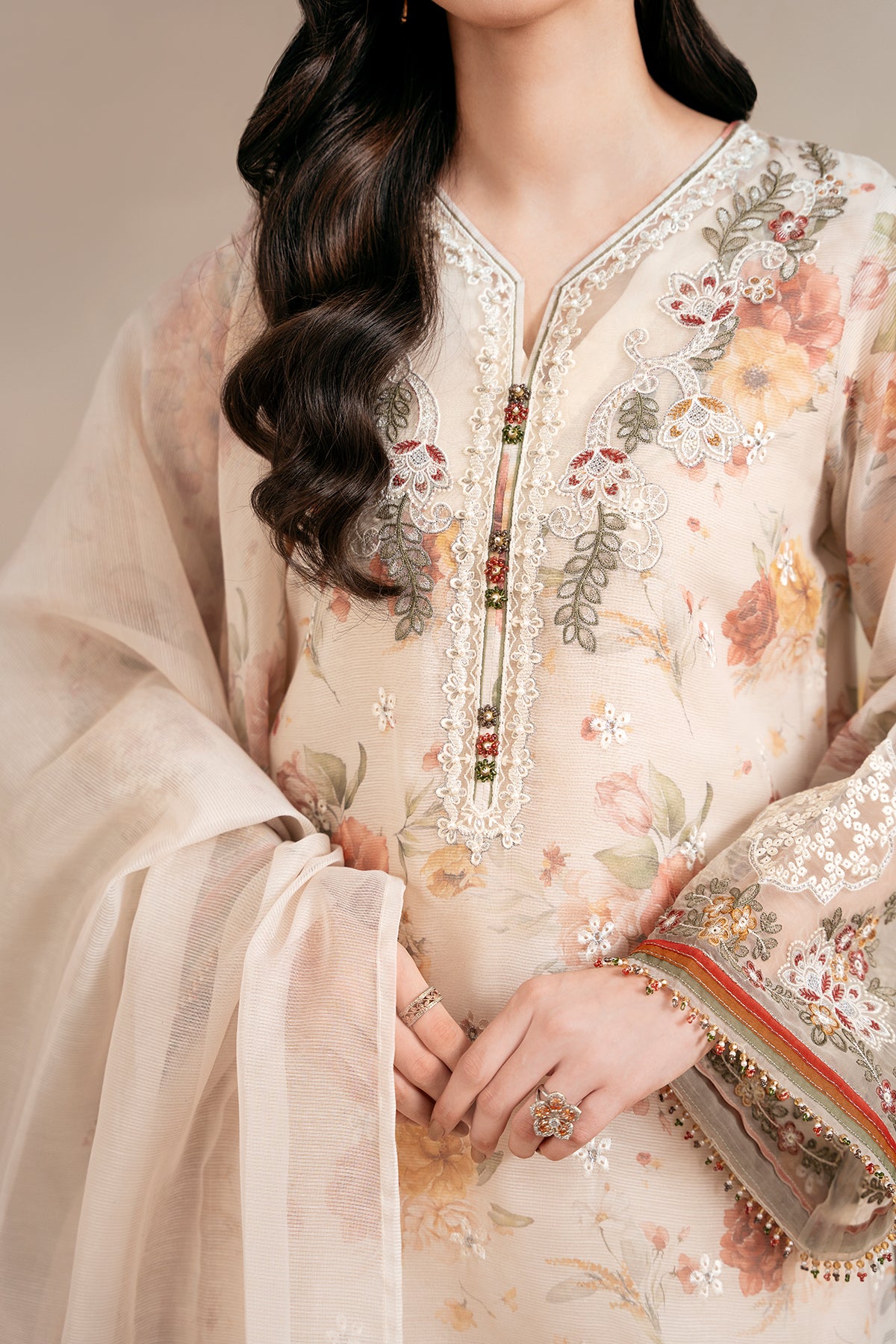 Peach Floral Embroidered Cotton Net 3-Piece Suit - Image 3