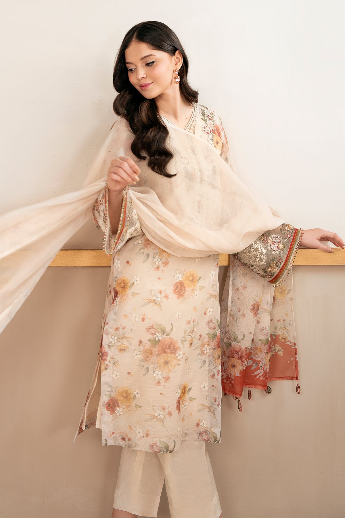 Peach Floral Embroidered Cotton Net 3-Piece Suit - Image 5