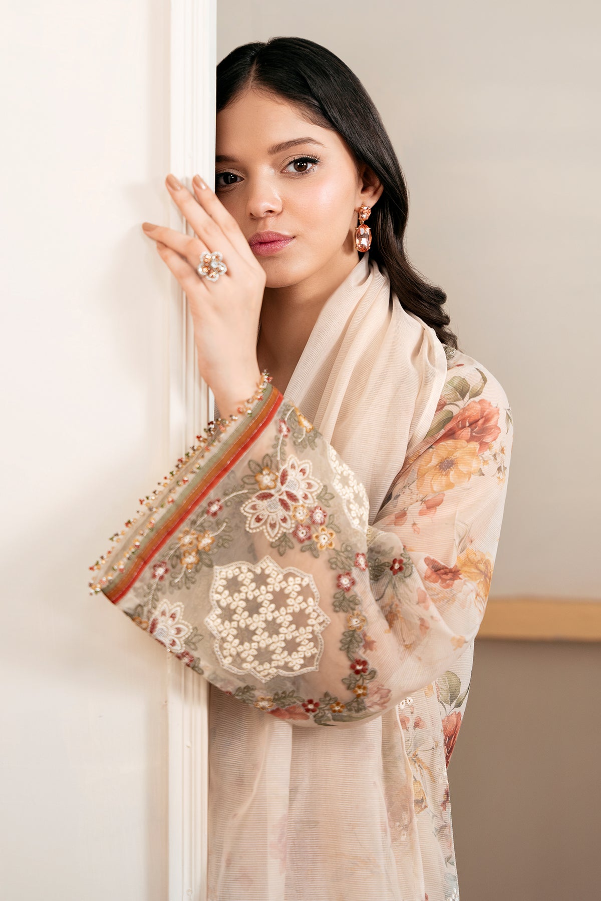 Peach Floral Embroidered Cotton Net 3-Piece Suit - Image 6