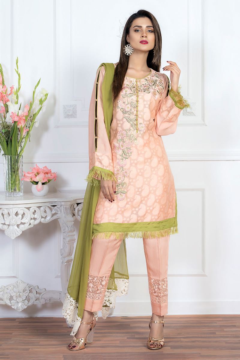 Pakistani Peach Embroidered Cotton Net Salwar Kameez (3-Piece) - Image 1