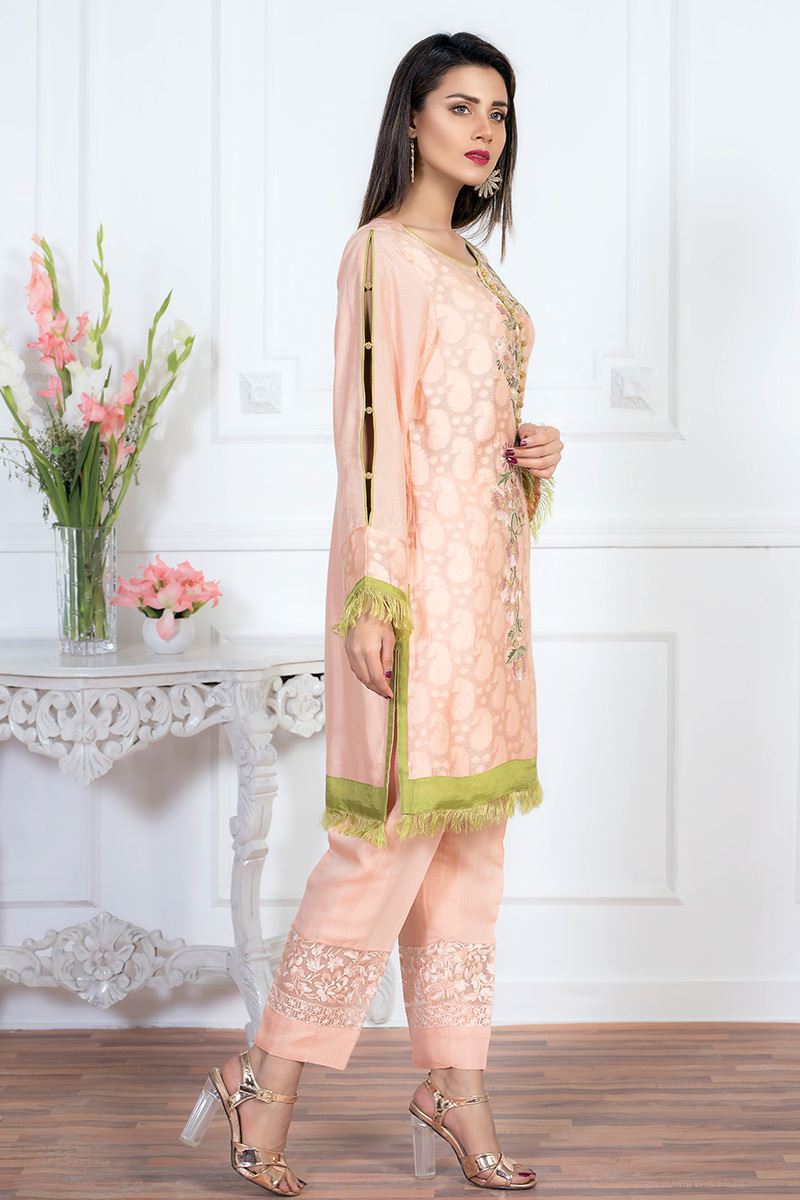 Pakistani Peach Embroidered Cotton Net Salwar Kameez (3-Piece) - Image 2