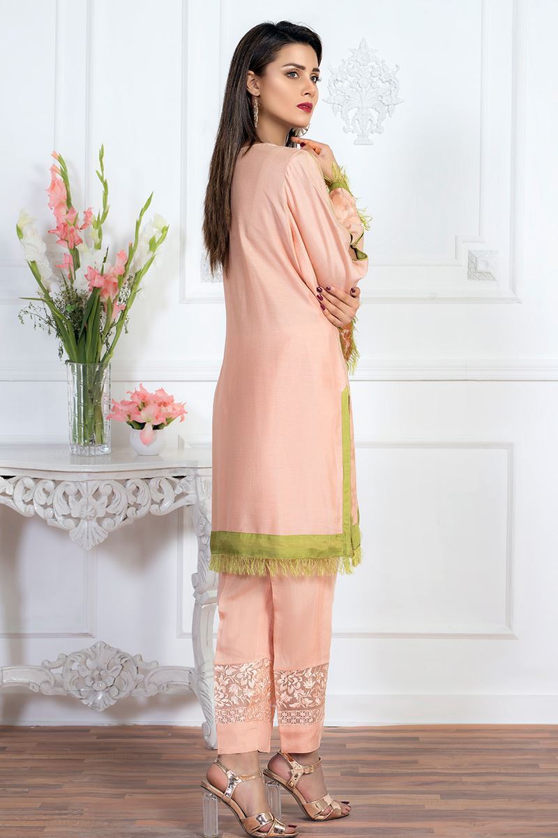 Pakistani Peach Embroidered Cotton Net Salwar Kameez (3-Piece) - Image 3