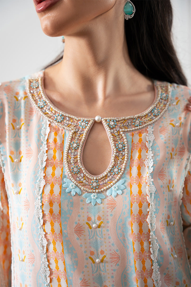 Pakistani Pastel Peach Handworked Crepe Silk Salwar Kameez (2-Piece) - Image 3