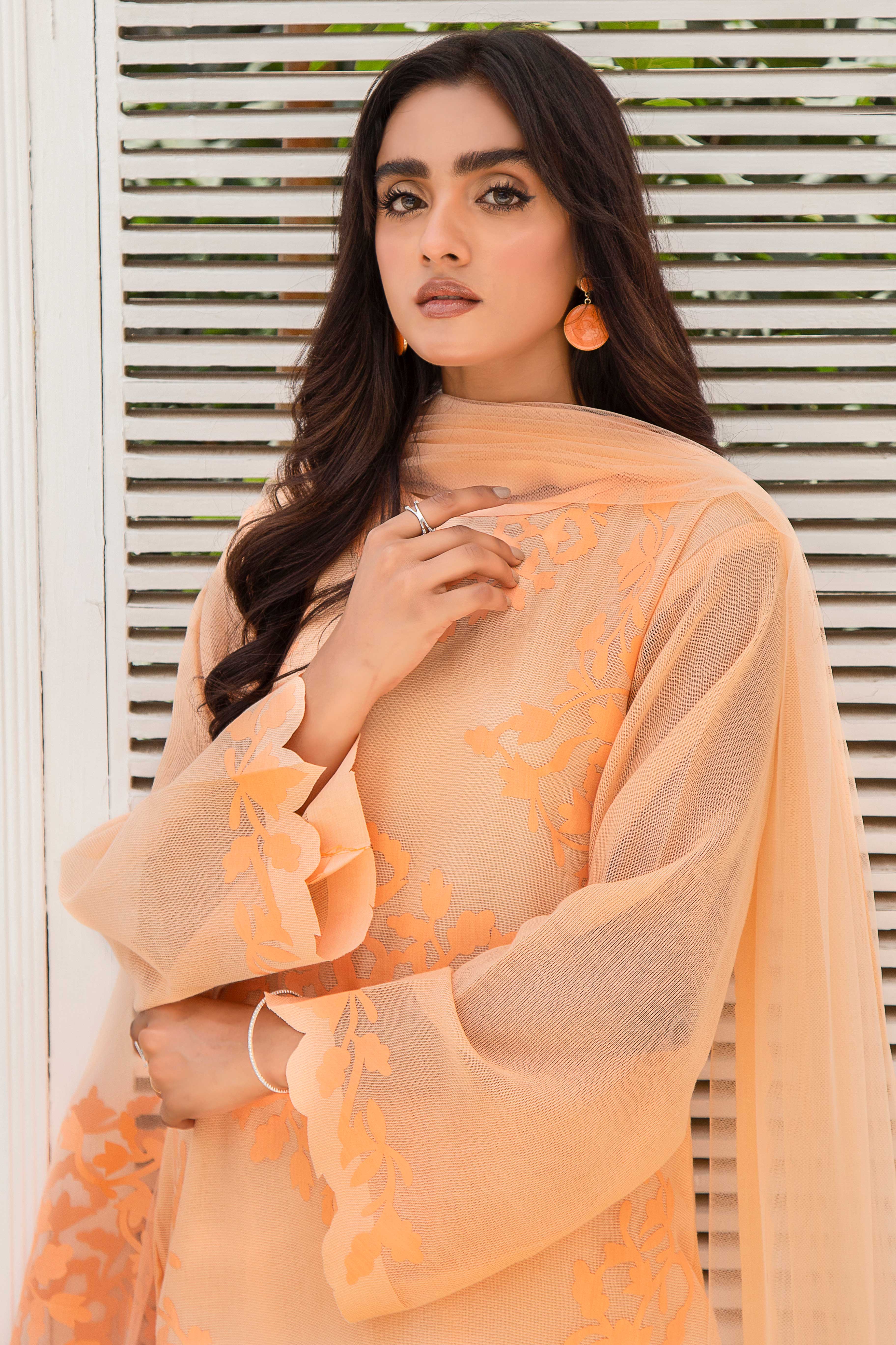 Pakistani Peach Appliqué French Cotton Net Salwar Kameez (3-Piece) - Image 3