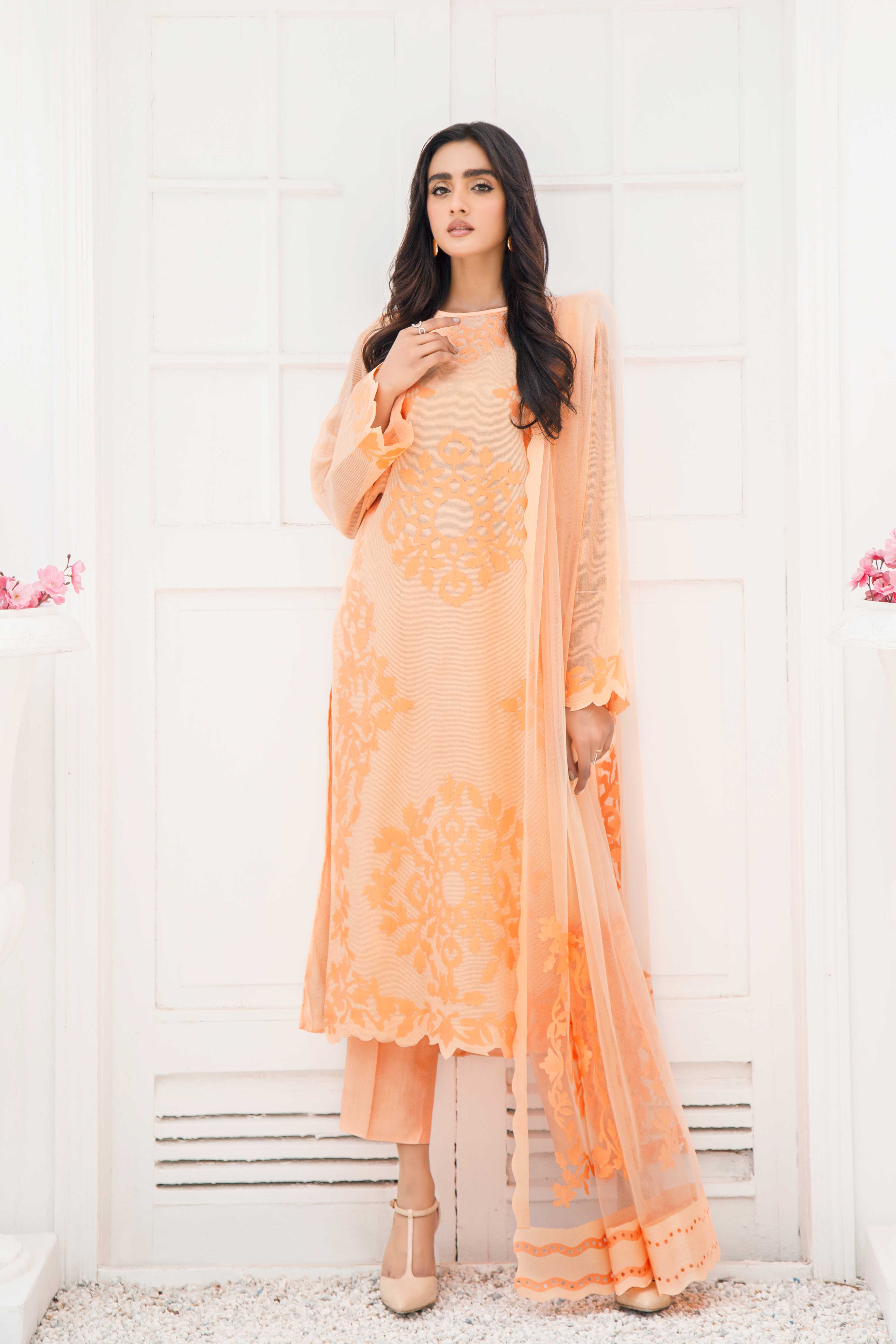 Pakistani Peach Appliqué French Cotton Net Salwar Kameez (3-Piece) - Image 4