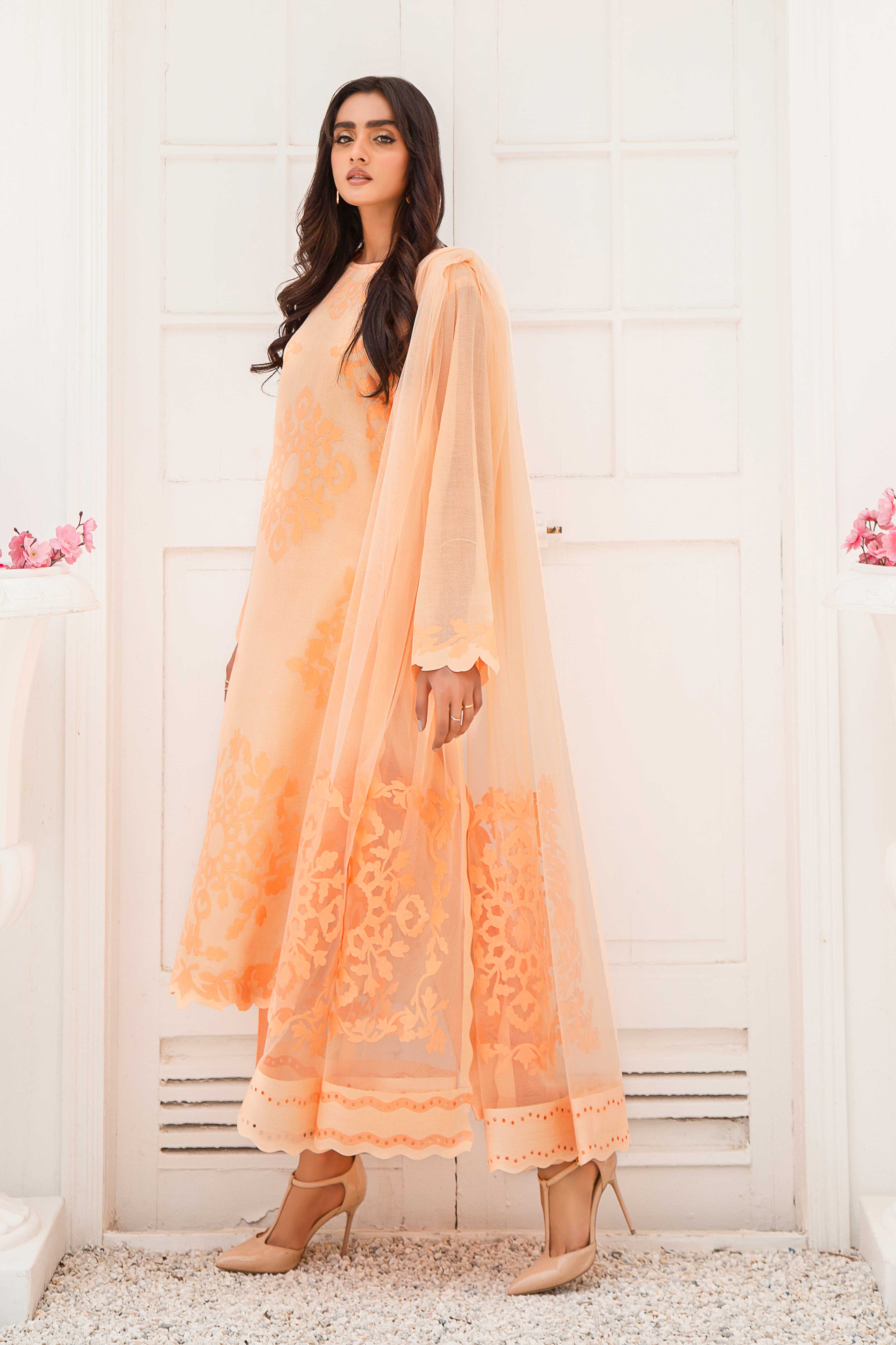 Pakistani Peach Appliqué French Cotton Net Salwar Kameez (3-Piece) - Image 5
