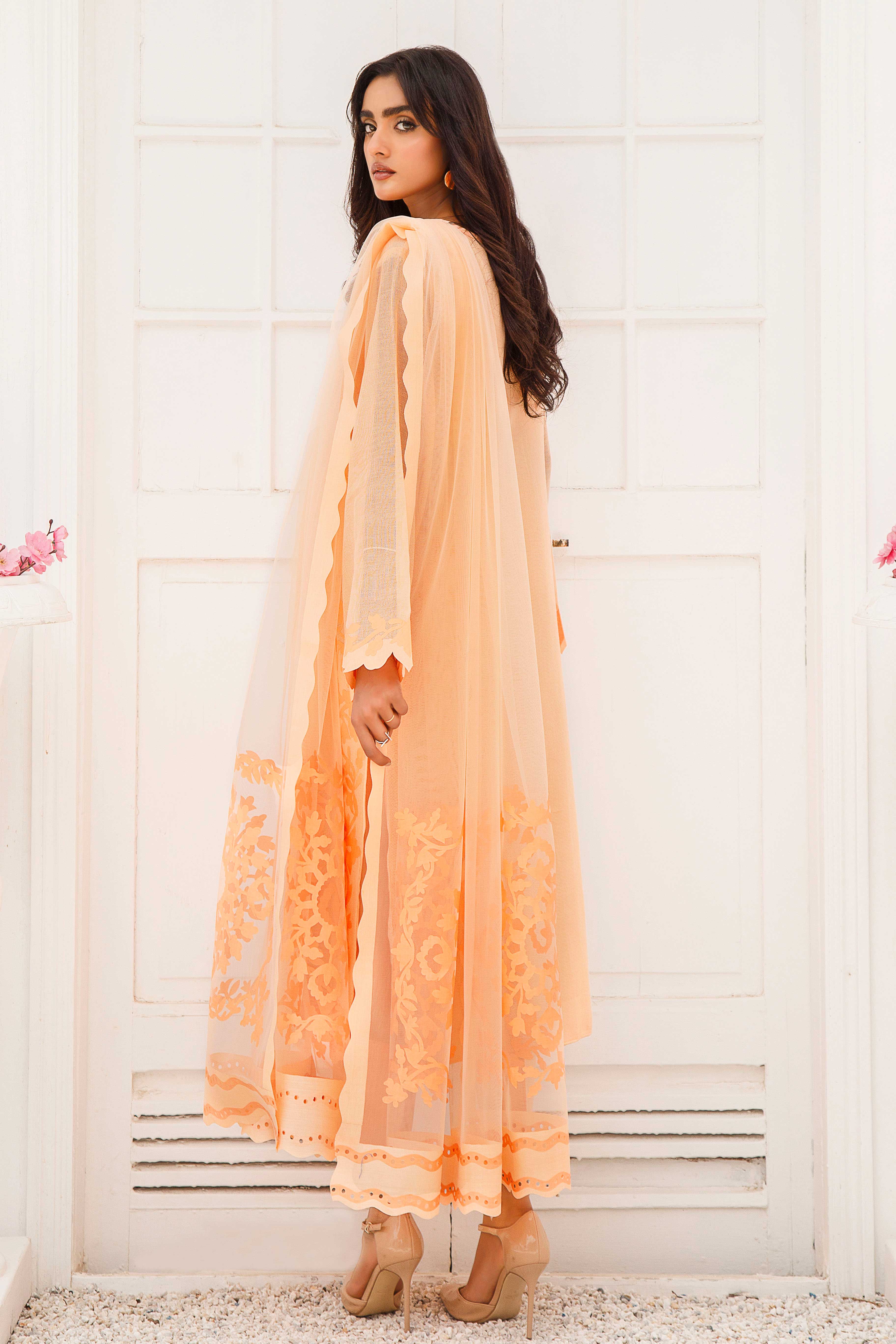 Pakistani Peach Appliqué French Cotton Net Salwar Kameez (3-Piece) - Image 6