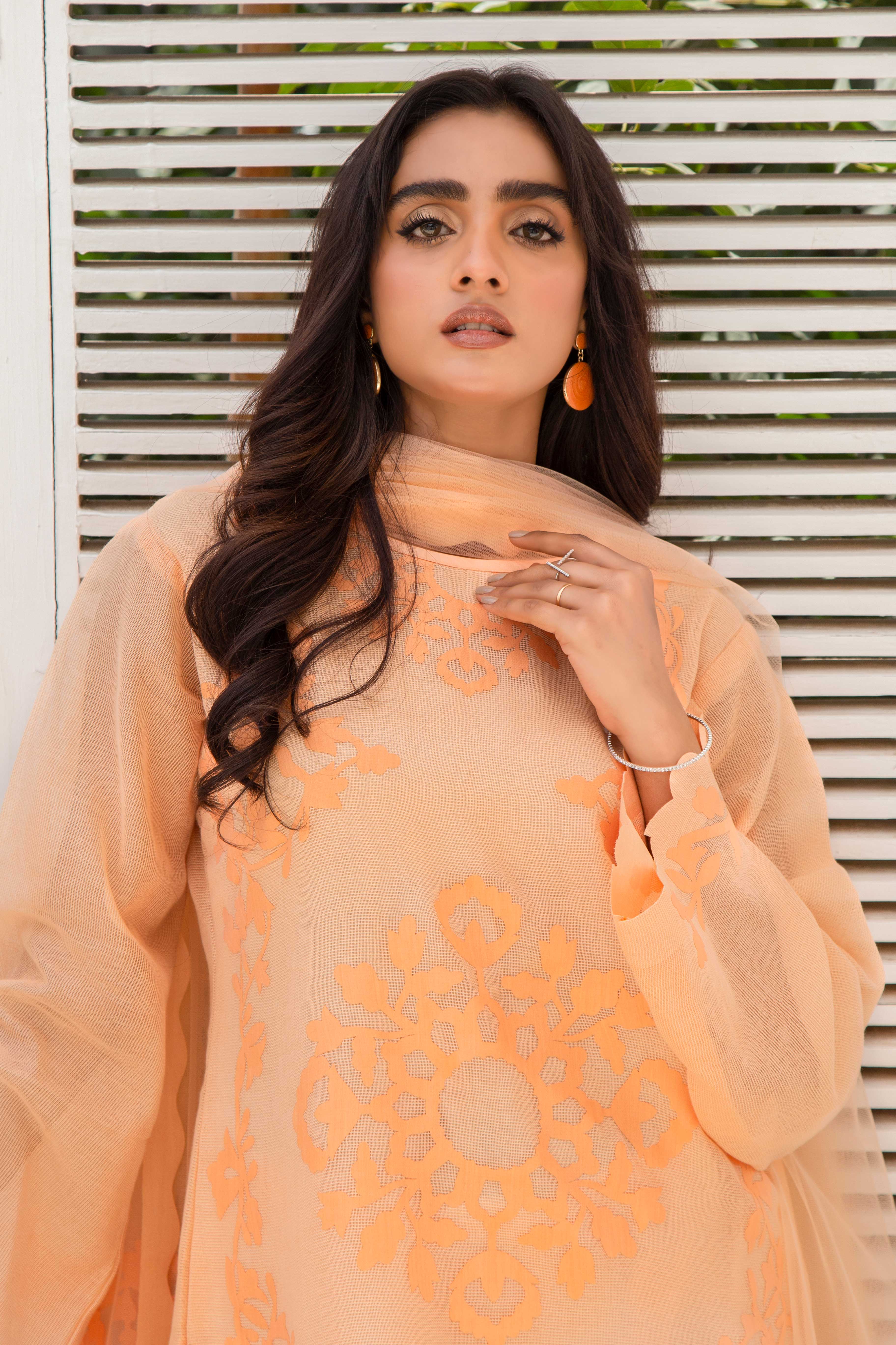 Pakistani Peach Appliqué French Cotton Net Salwar Kameez (3-Piece) - Image 7