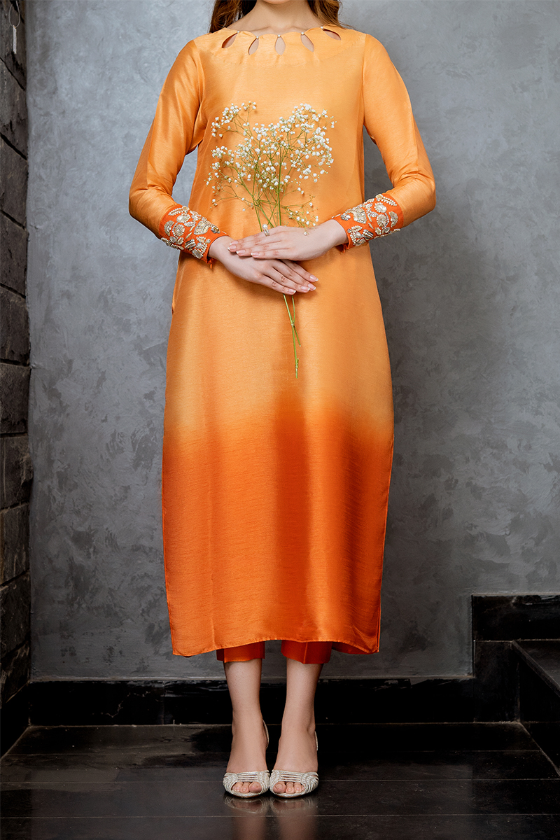 Peach Orange Embroidered Korean Silk Kurta (2-Piece) - Image 1