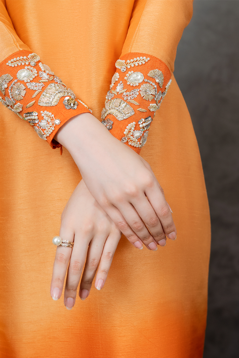 Peach Orange Embroidered Korean Silk Kurta (2-Piece) - Image 2