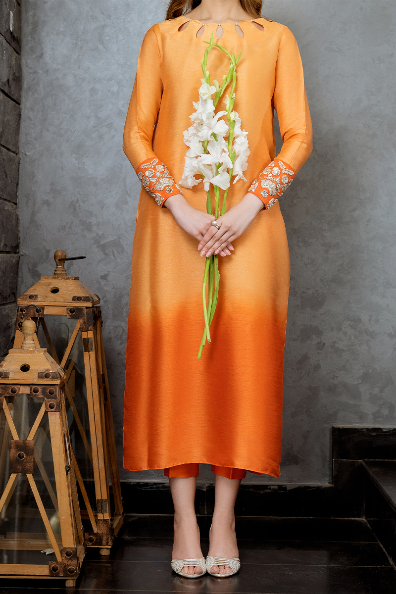 Peach Orange Embroidered Korean Silk Kurta (2-Piece) - Image 3
