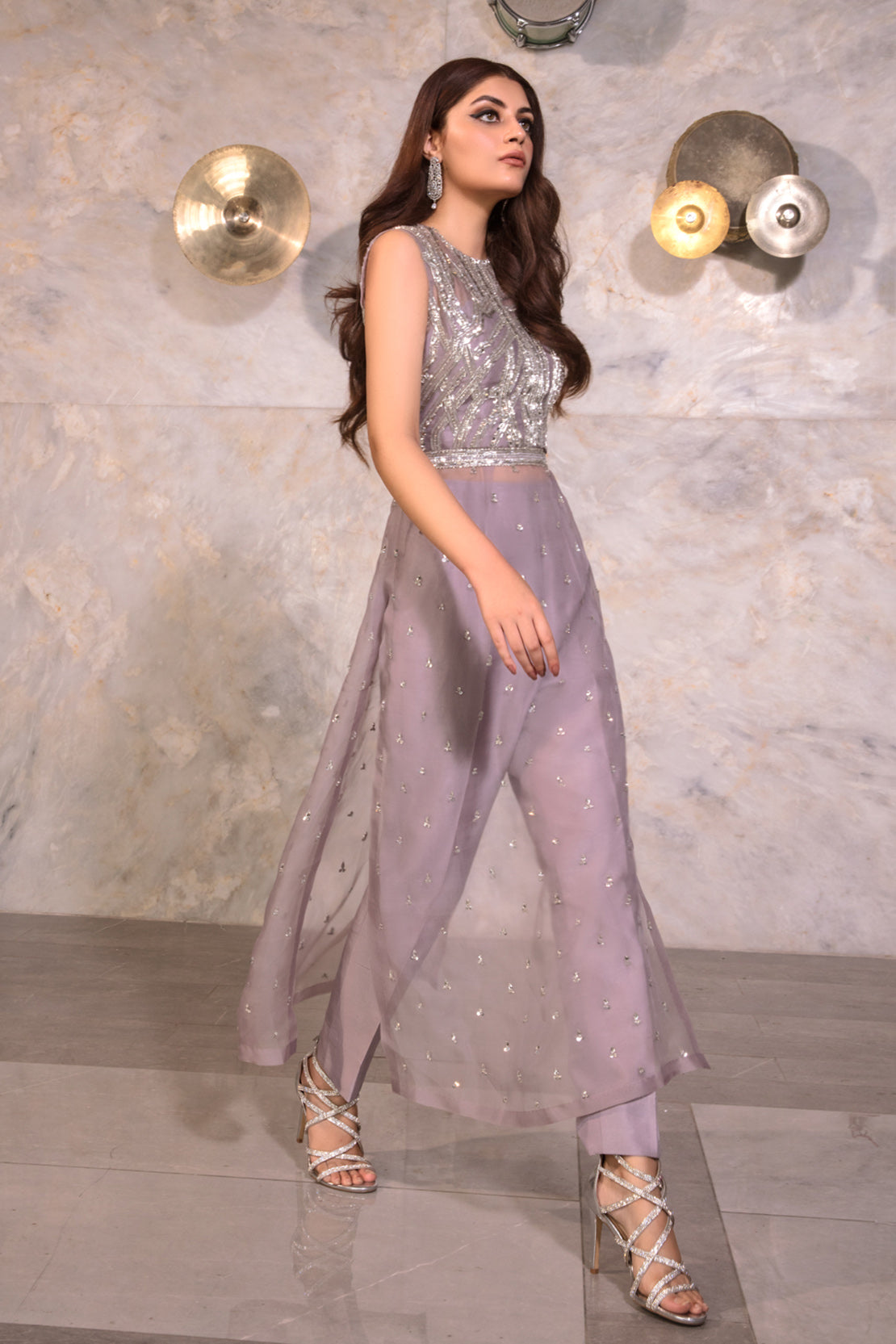 Pakistani Cool Peach Embellished Net Silk Salwar Kameez (2-Piece) - Image 3