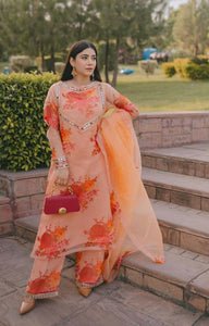 Peach & Red Mirror Work Organza Salwar Kameez (3-Piece) - Image 1