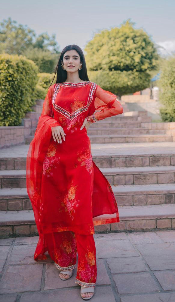 Peach & Red Mirror Work Organza Salwar Kameez (3-Piece) - Image 2