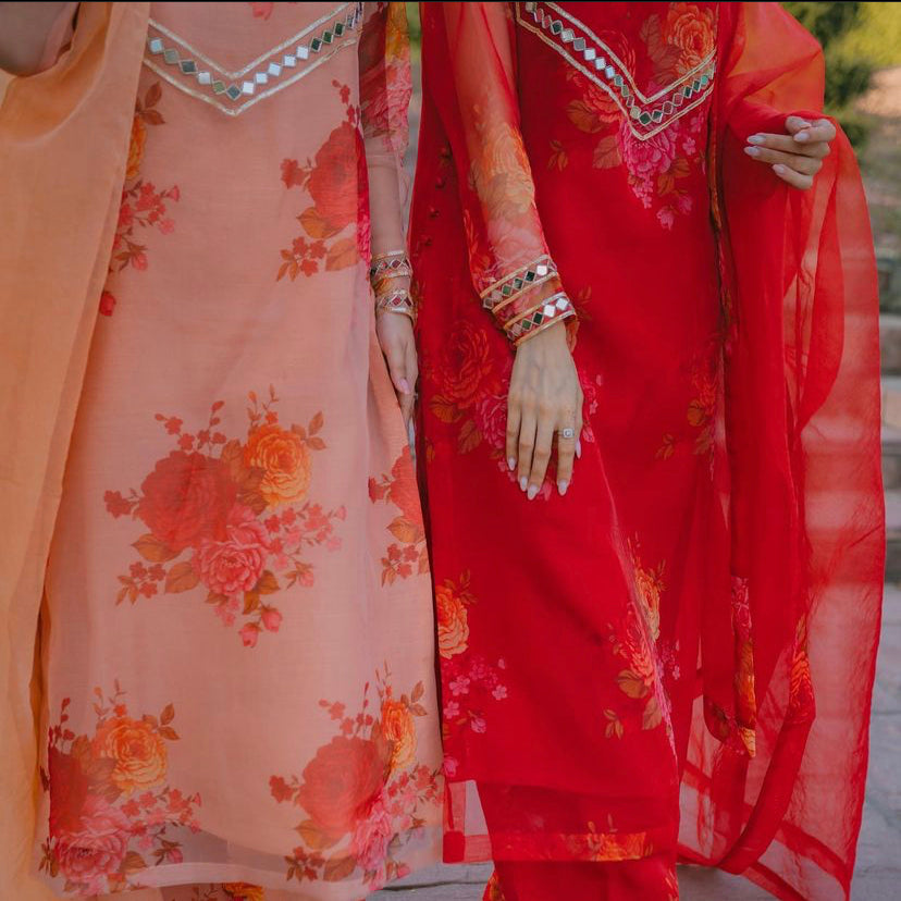 Peach & Red Mirror Work Organza Salwar Kameez (3-Piece) - Image 3