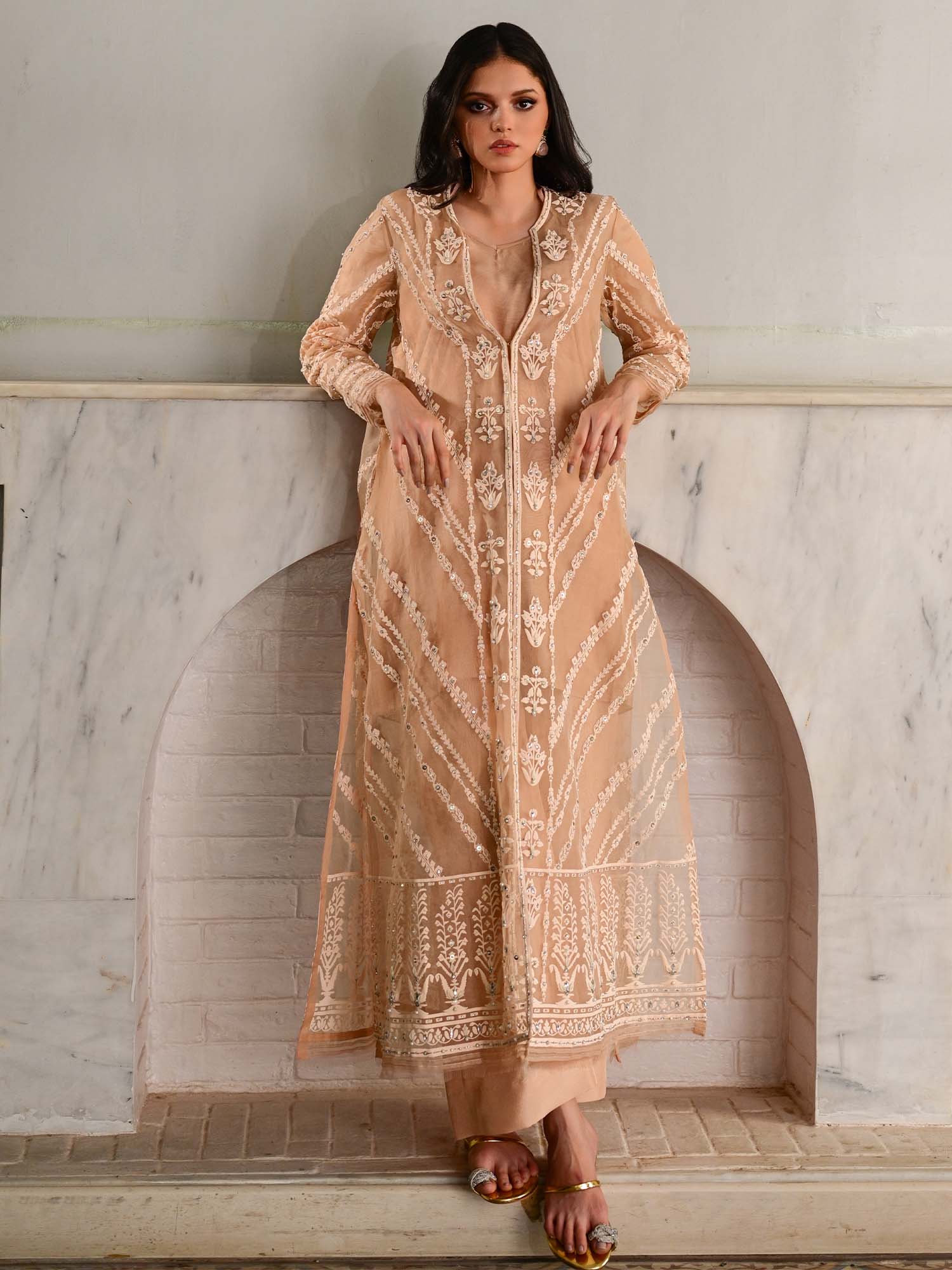 Pakistani Peach Pearl Embroidered Organza Salwar Kameez (3-Piece) - Image 1