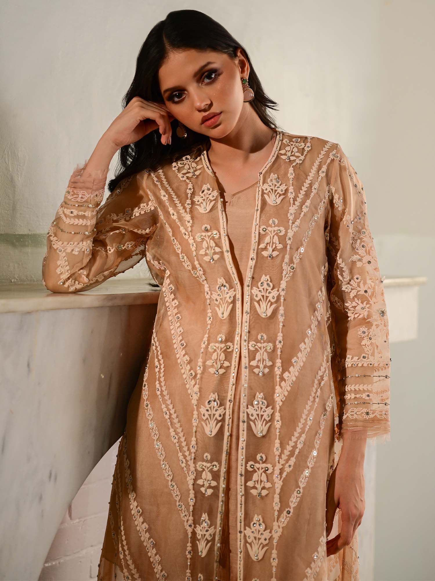 Pakistani Peach Pearl Embroidered Organza Salwar Kameez (3-Piece) - Image 2
