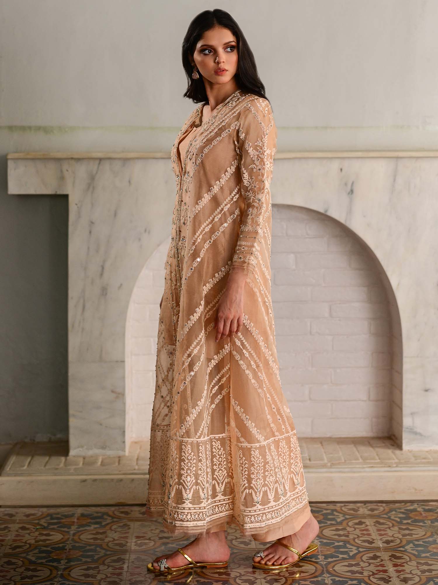 Pakistani Peach Pearl Embroidered Organza Salwar Kameez (3-Piece) - Image 3