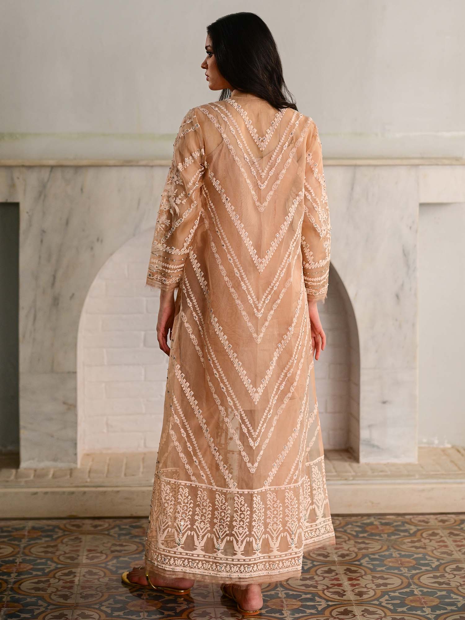 Pakistani Peach Pearl Embroidered Organza Salwar Kameez (3-Piece) - Image 4