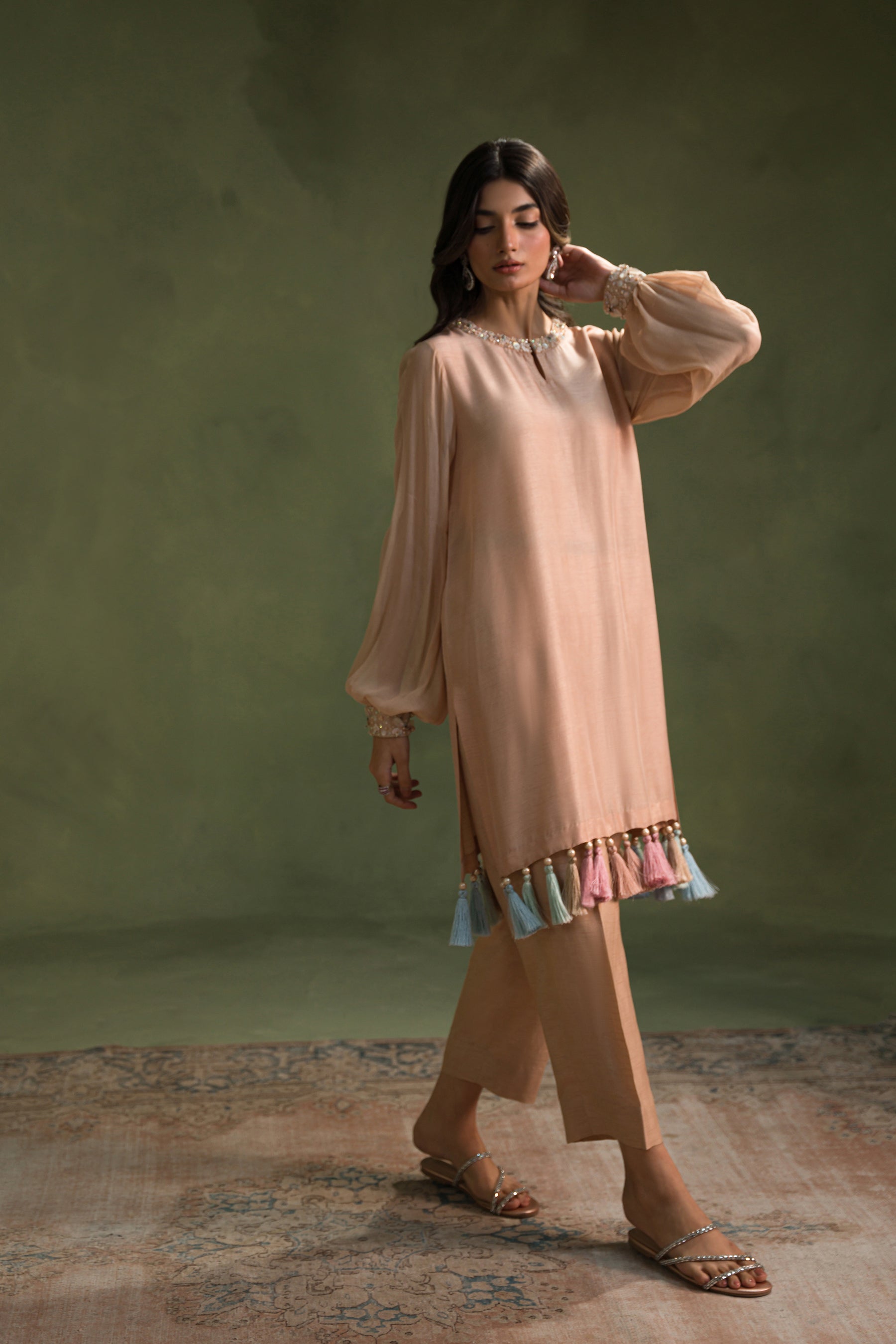Nude Peach Embellished Silk Tunic & Pants (2-Piece) - Image 1