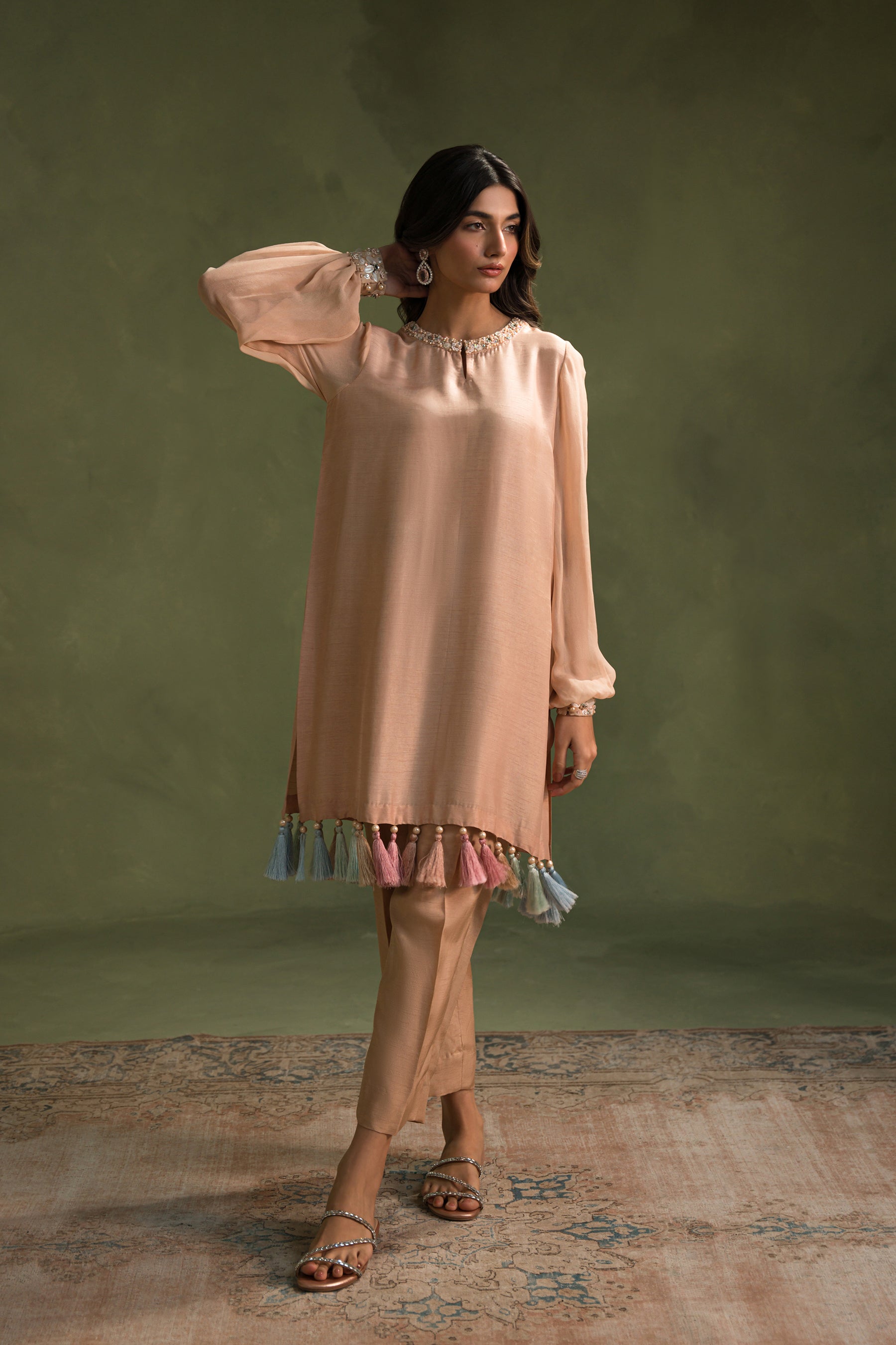 Nude Peach Embellished Silk Tunic & Pants (2-Piece) - Image 2