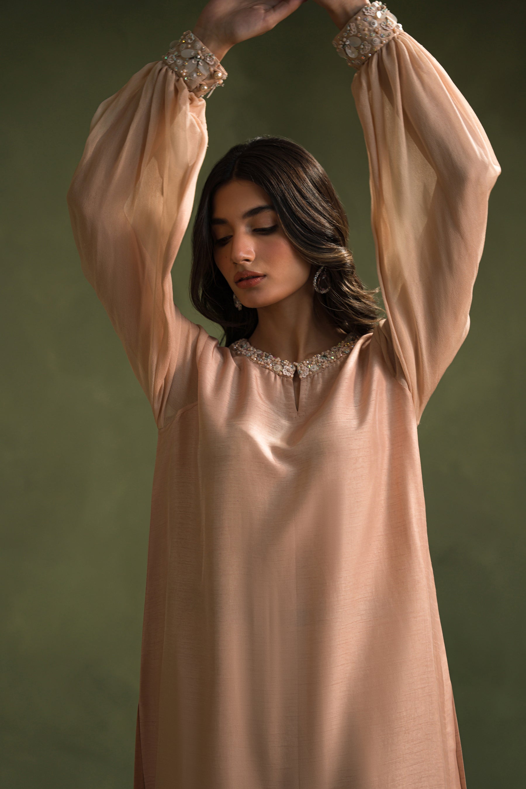 Nude Peach Embellished Silk Tunic & Pants (2-Piece) - Image 3