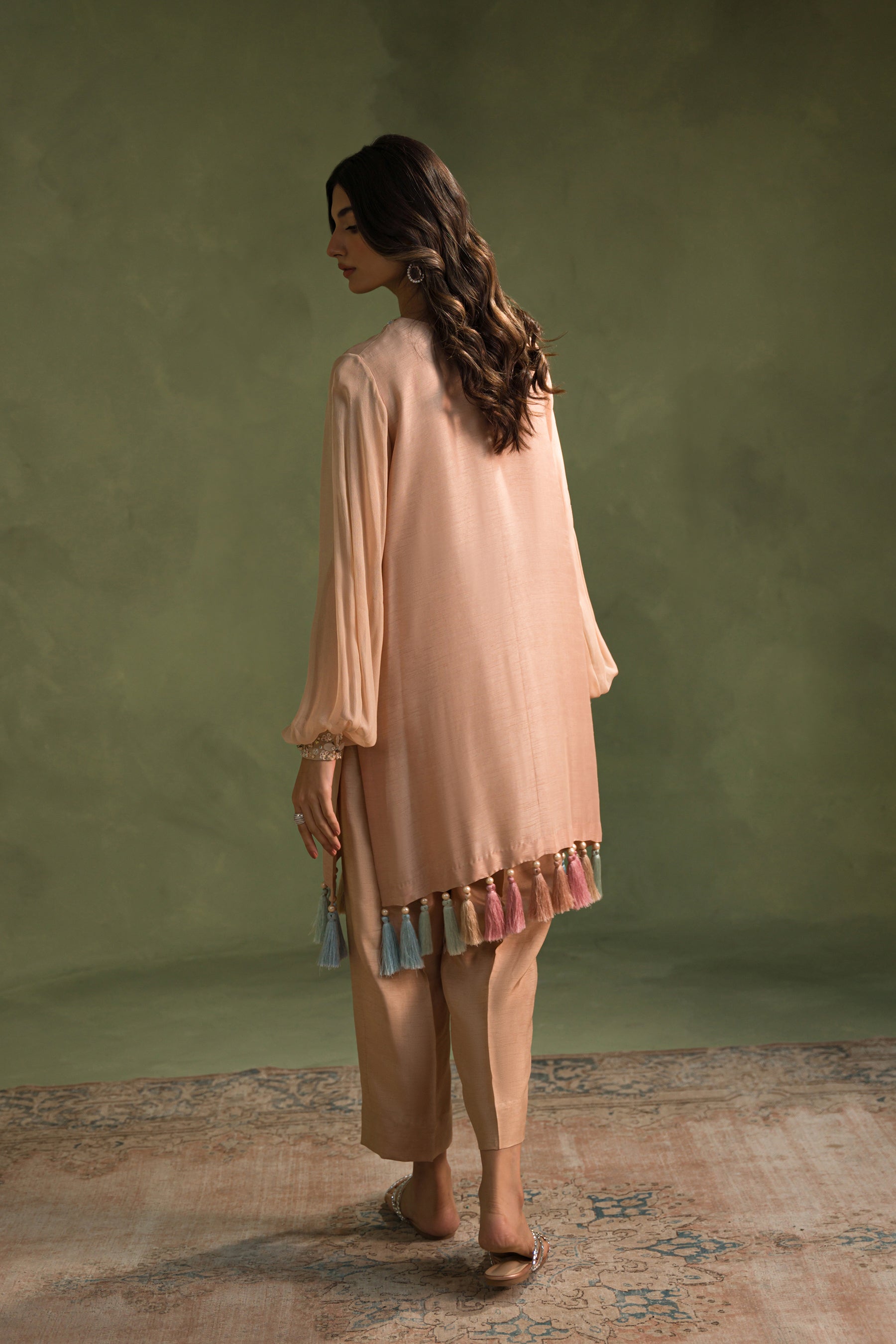 Nude Peach Embellished Silk Tunic & Pants (2-Piece) - Image 4