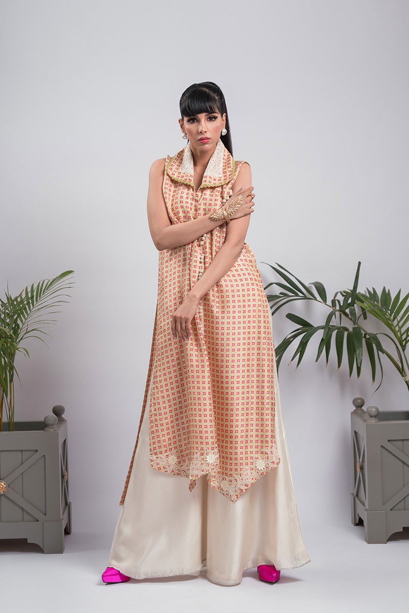 Pakistani Peach and Cream Digital Print Raw Silk Long Shirt (2-Piece) - Image 1
