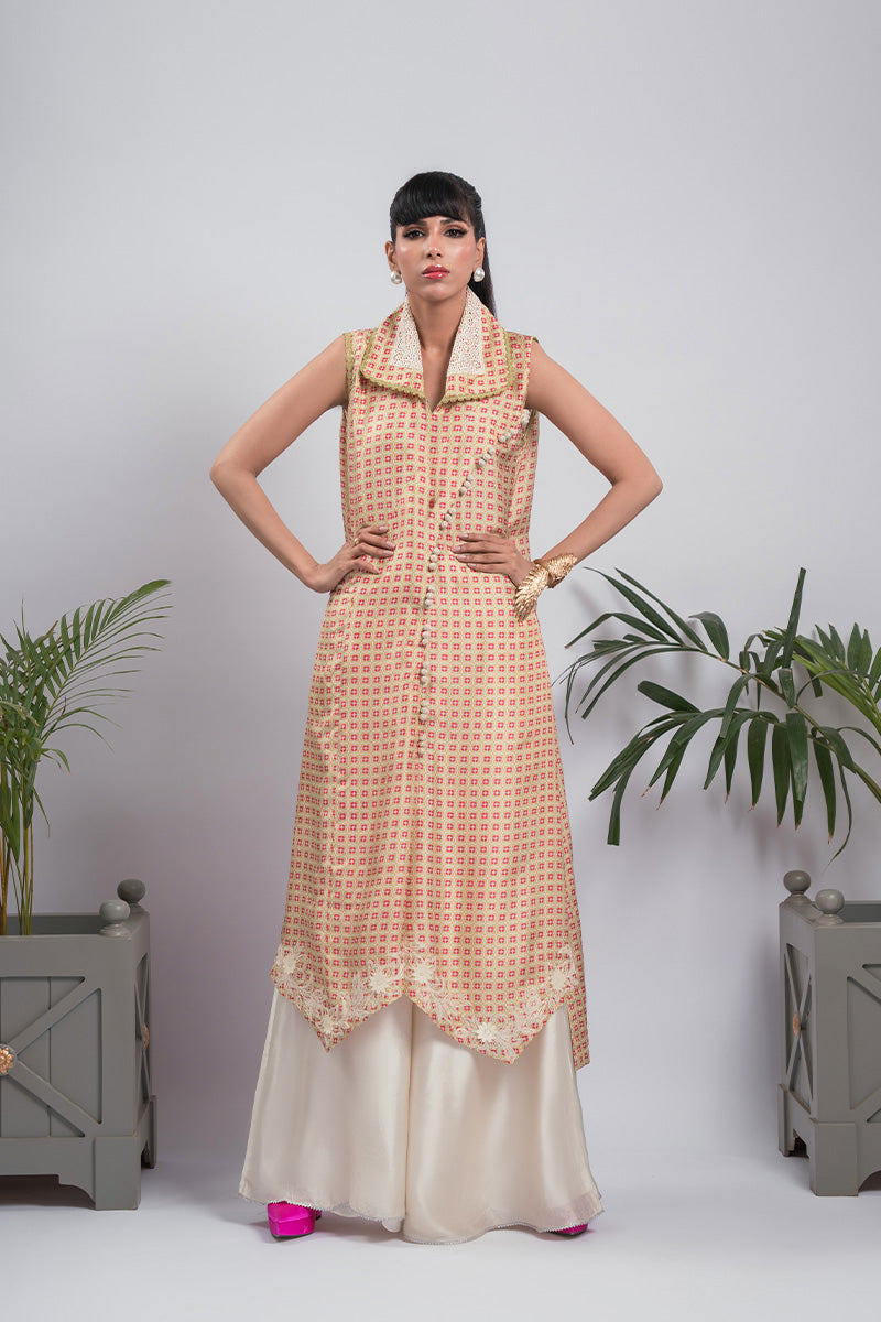 Peach and Cream Digital Printed Silk Salwar Kameez (2-Piece) - Image 3