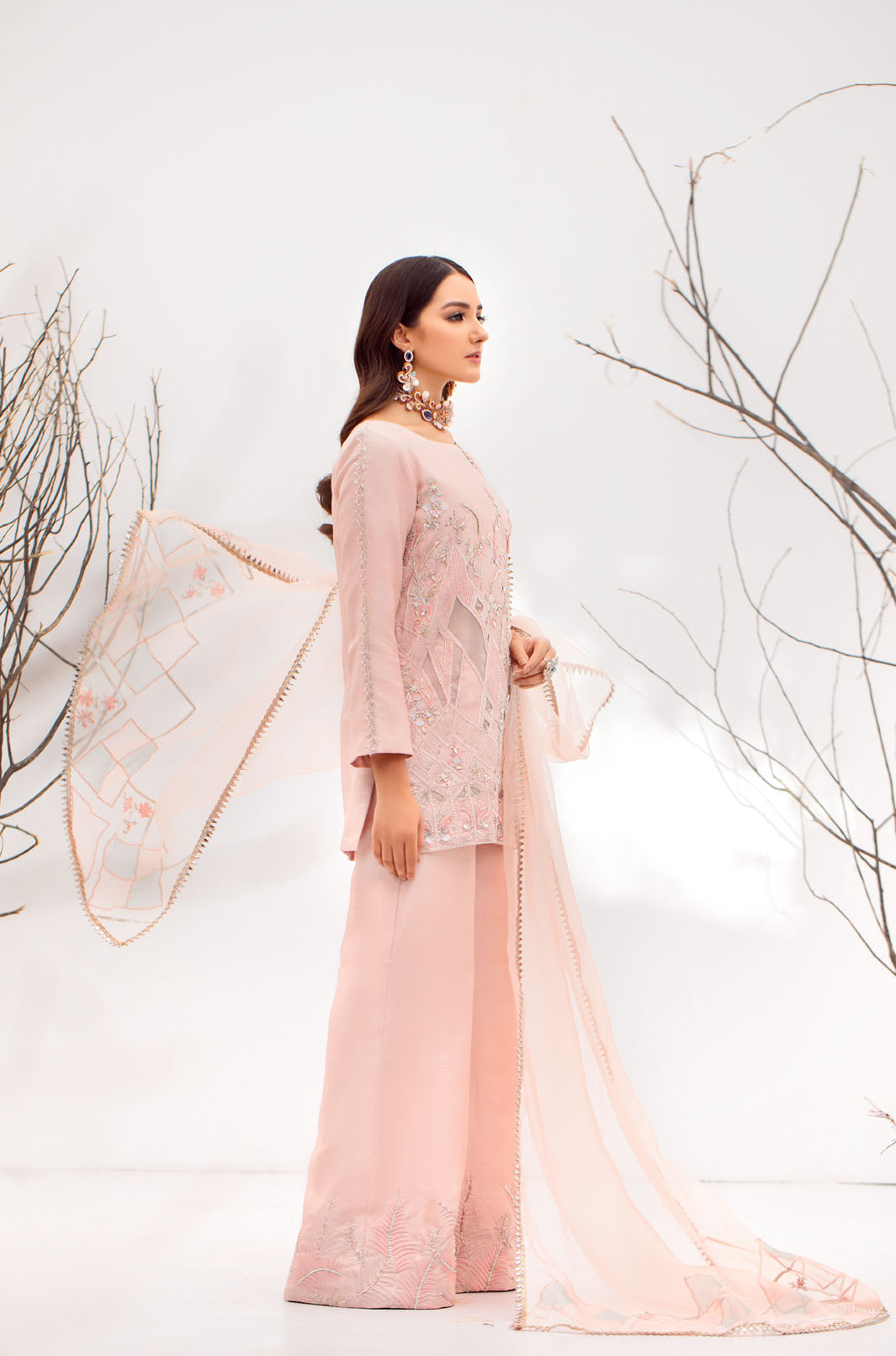 Pakistani Peach Puff Embroidered Raw Silk Salwar Kameez (3-Piece) - Image 1