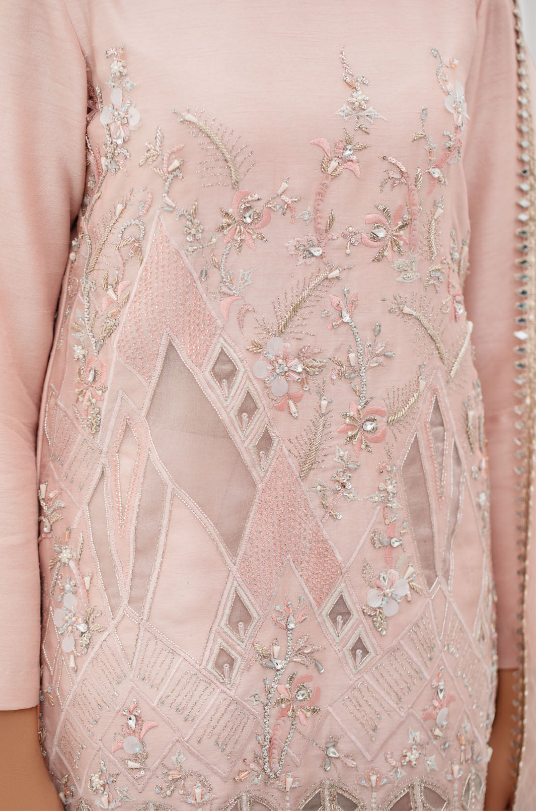 Pakistani Peach Puff Embroidered Raw Silk Salwar Kameez (3-Piece) - Image 2