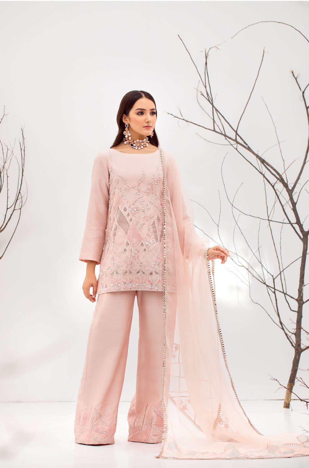 Pakistani Peach Puff Embroidered Raw Silk Salwar Kameez (3-Piece) - Image 3