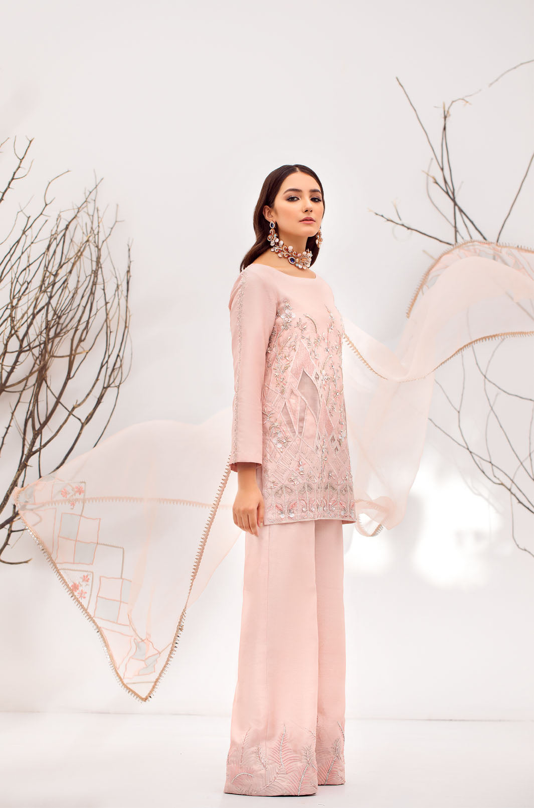 Pakistani Peach Puff Embroidered Raw Silk Salwar Kameez (3-Piece) - Image 5