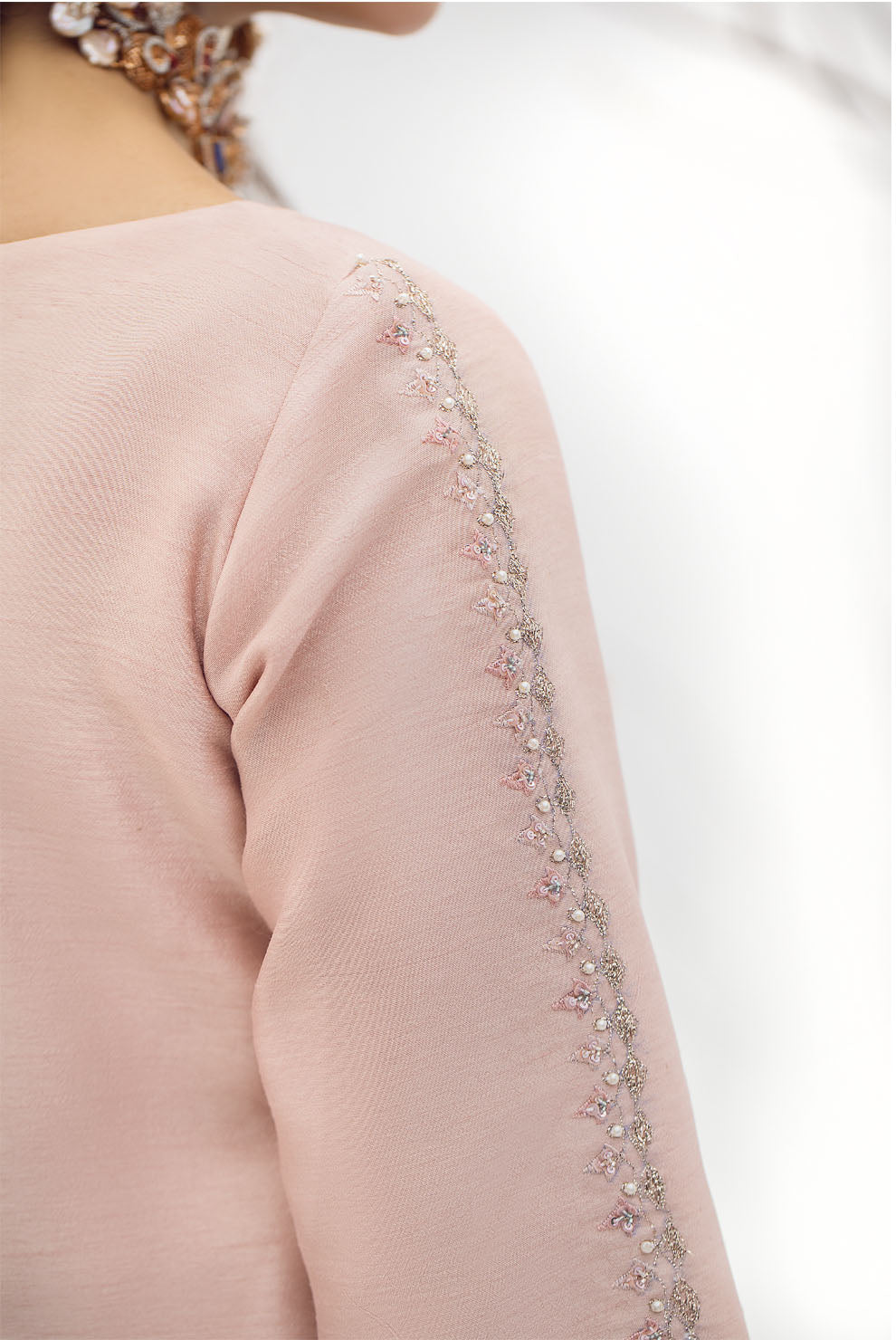 Pakistani Peach Puff Embroidered Raw Silk Salwar Kameez (3-Piece) - Image 6