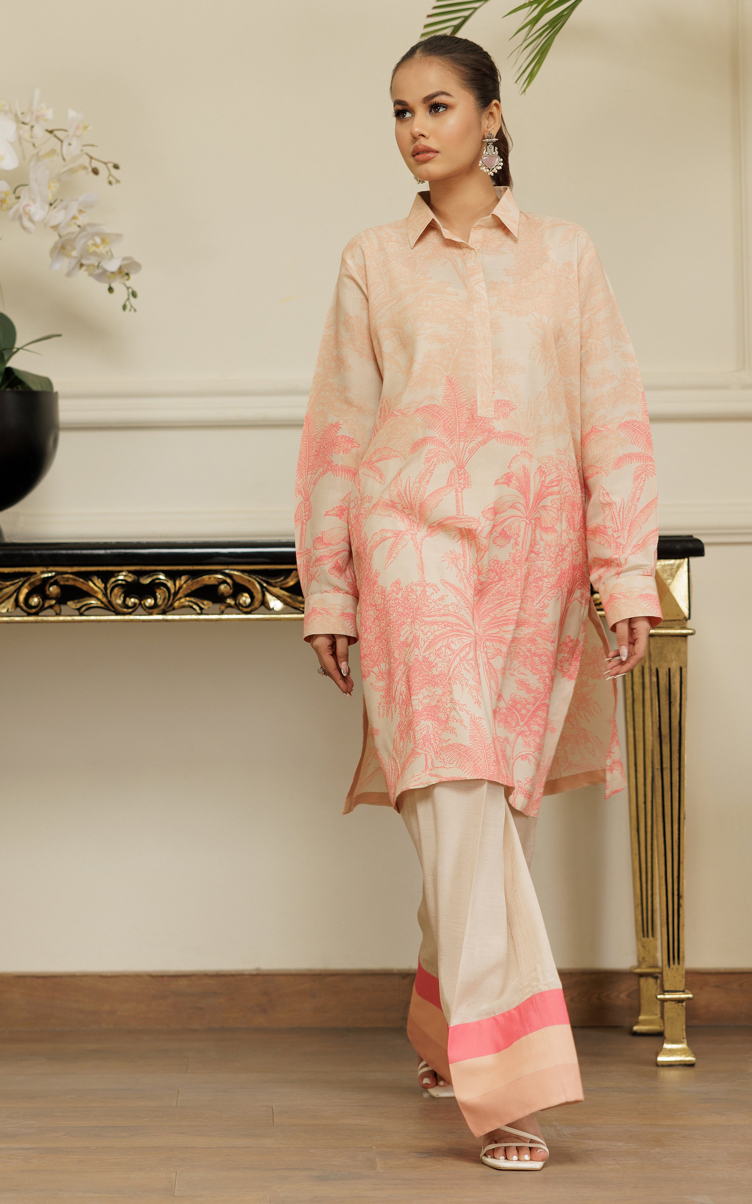 Pakistani Soft Peach Printed Viscose Silk Salwar Kameez (2-Piece) - Image 1
