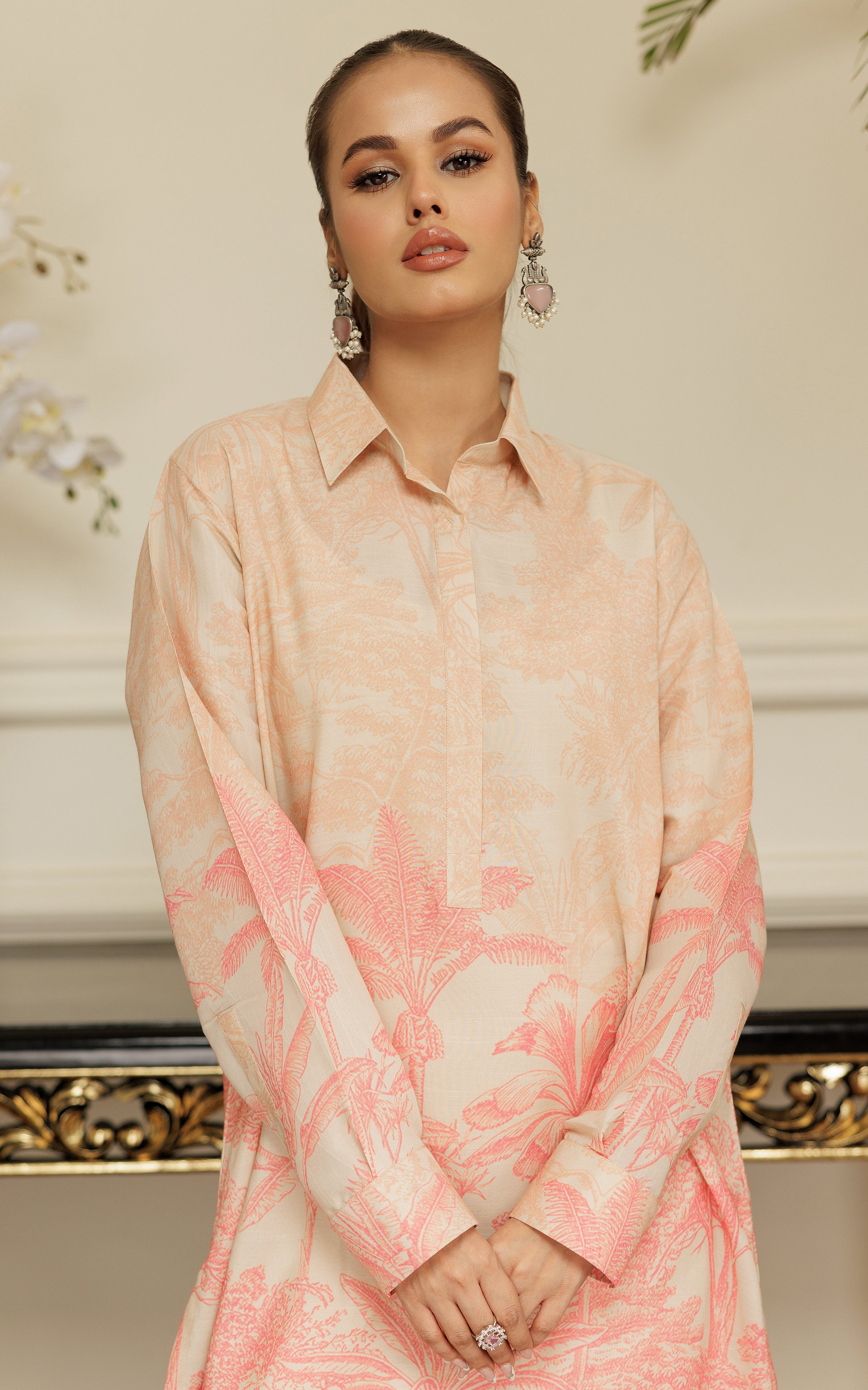 Pakistani Soft Peach Printed Viscose Silk Salwar Kameez (2-Piece) - Image 3