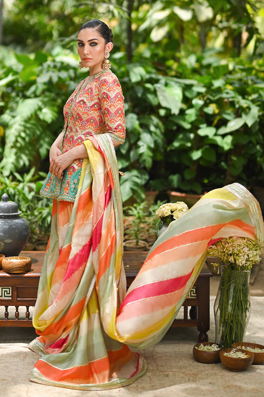 Peach Gota Embroidered Khaddi Silk Peplum Saree (2-Piece) - Image 3