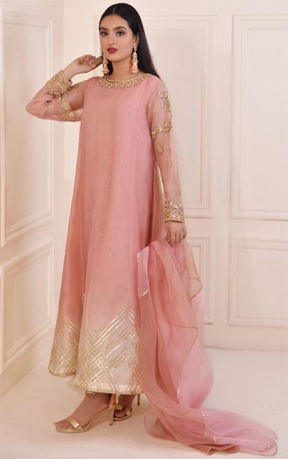 Blush Pink Zardosi Tie-Dye Organza Anarkali (3-Piece) - Image 1