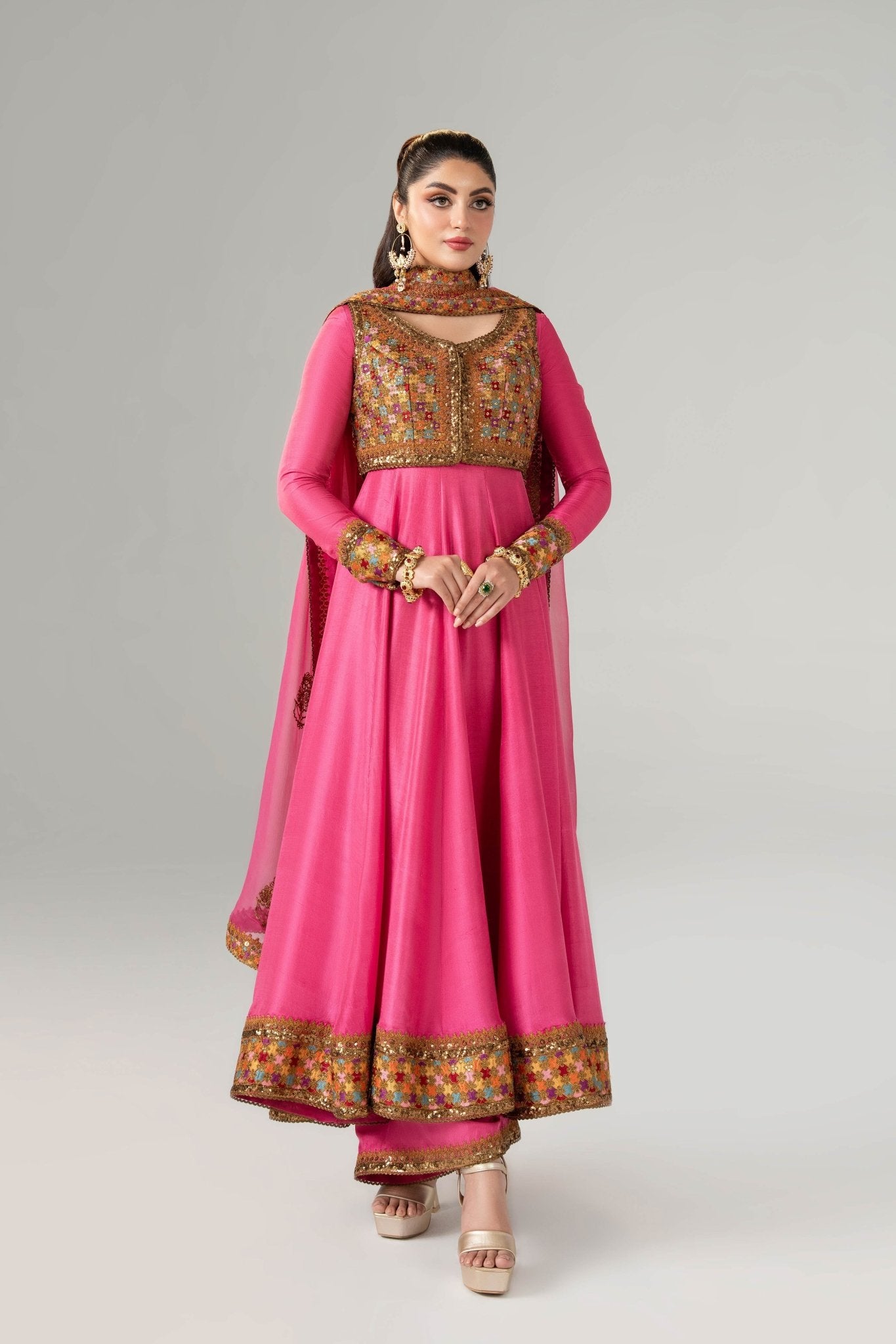 Pink Zardozi Embroidered Silk Anarkali (3-Piece) - Image 2