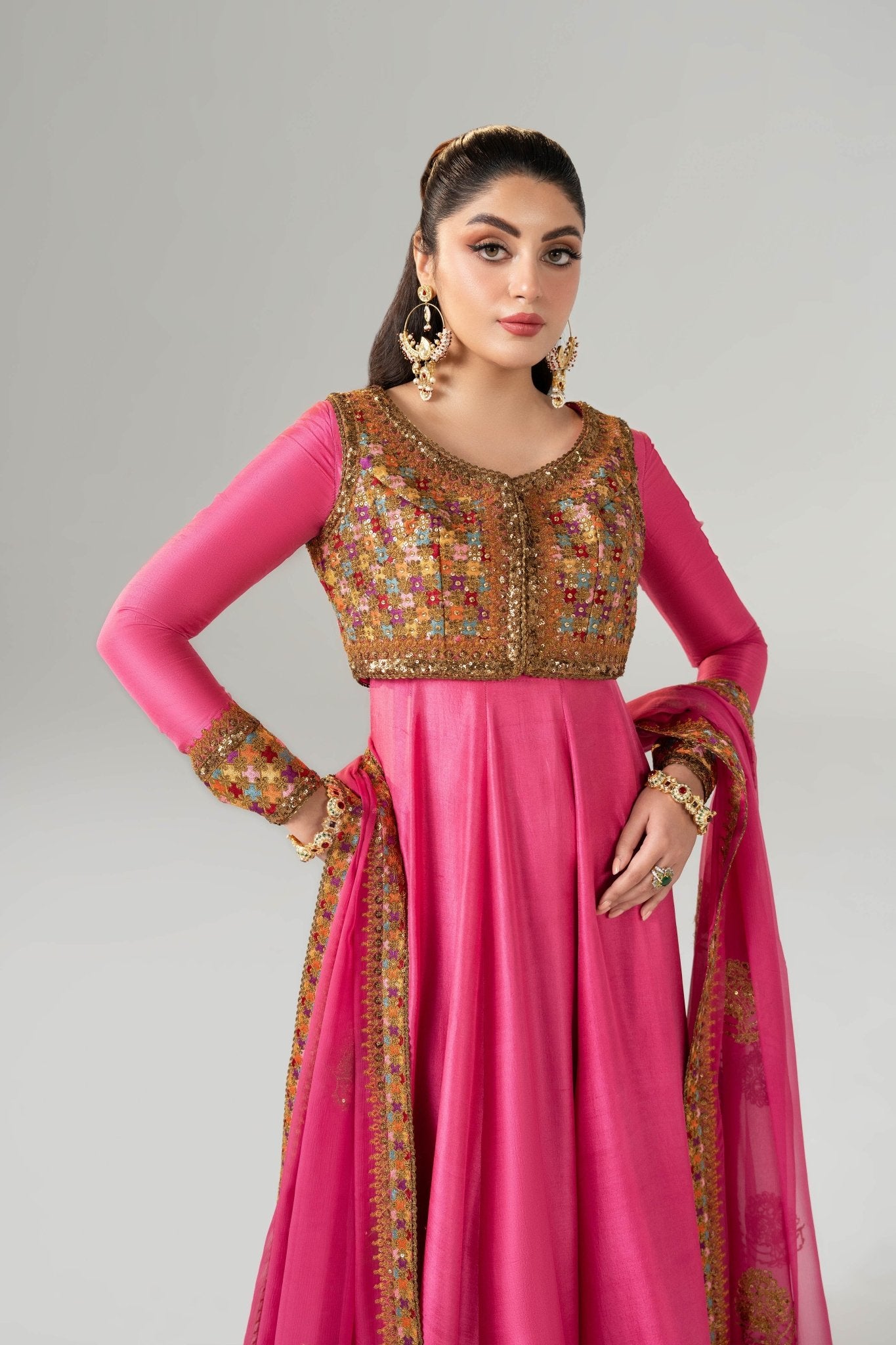 Pink Zardozi Embroidered Silk Anarkali (3-Piece) - Image 3