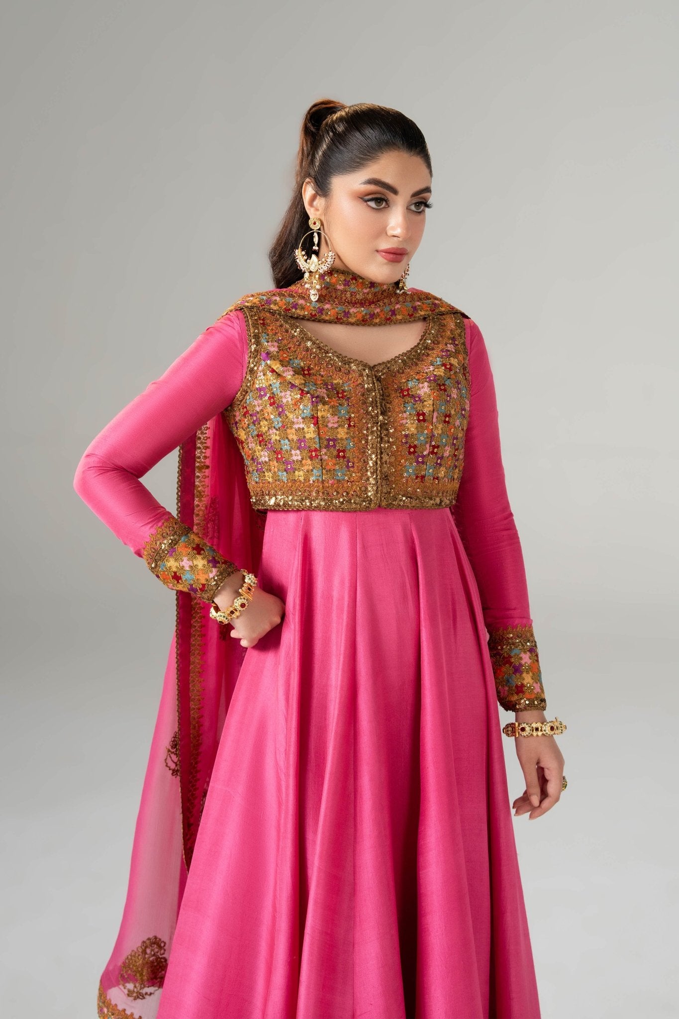 Pink Zardozi Embroidered Silk Anarkali (3-Piece) - Image 5
