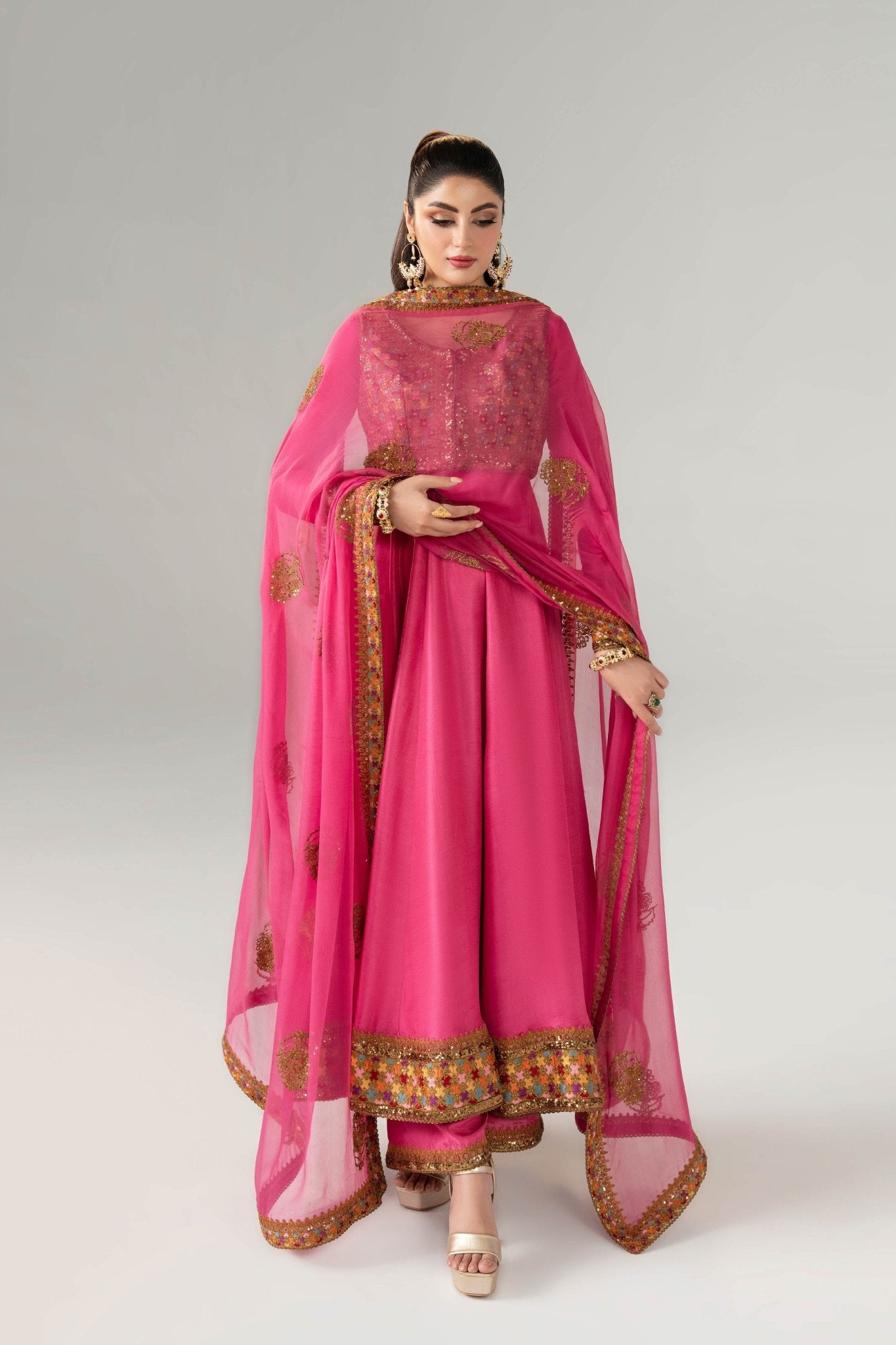 Pink Zardozi Embroidered Silk Anarkali (3-Piece) - Image 7