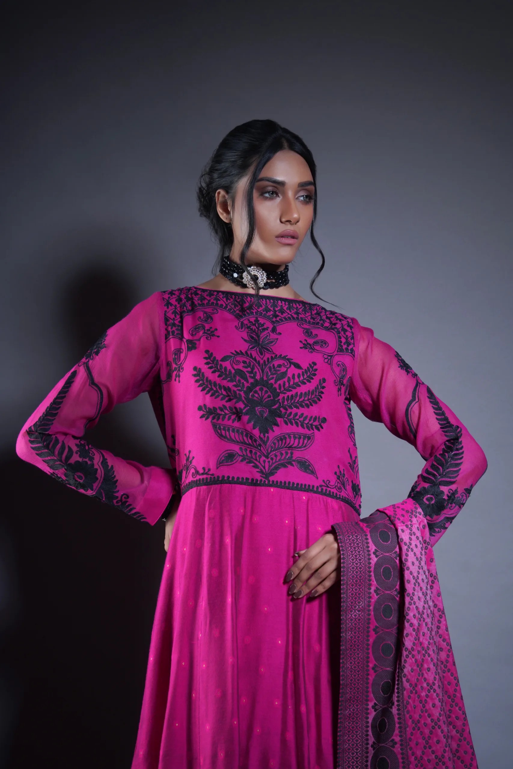 Pakistani Magenta Embroidered Karandi Mix Anarkali Dress (3-Piece) - Image 1