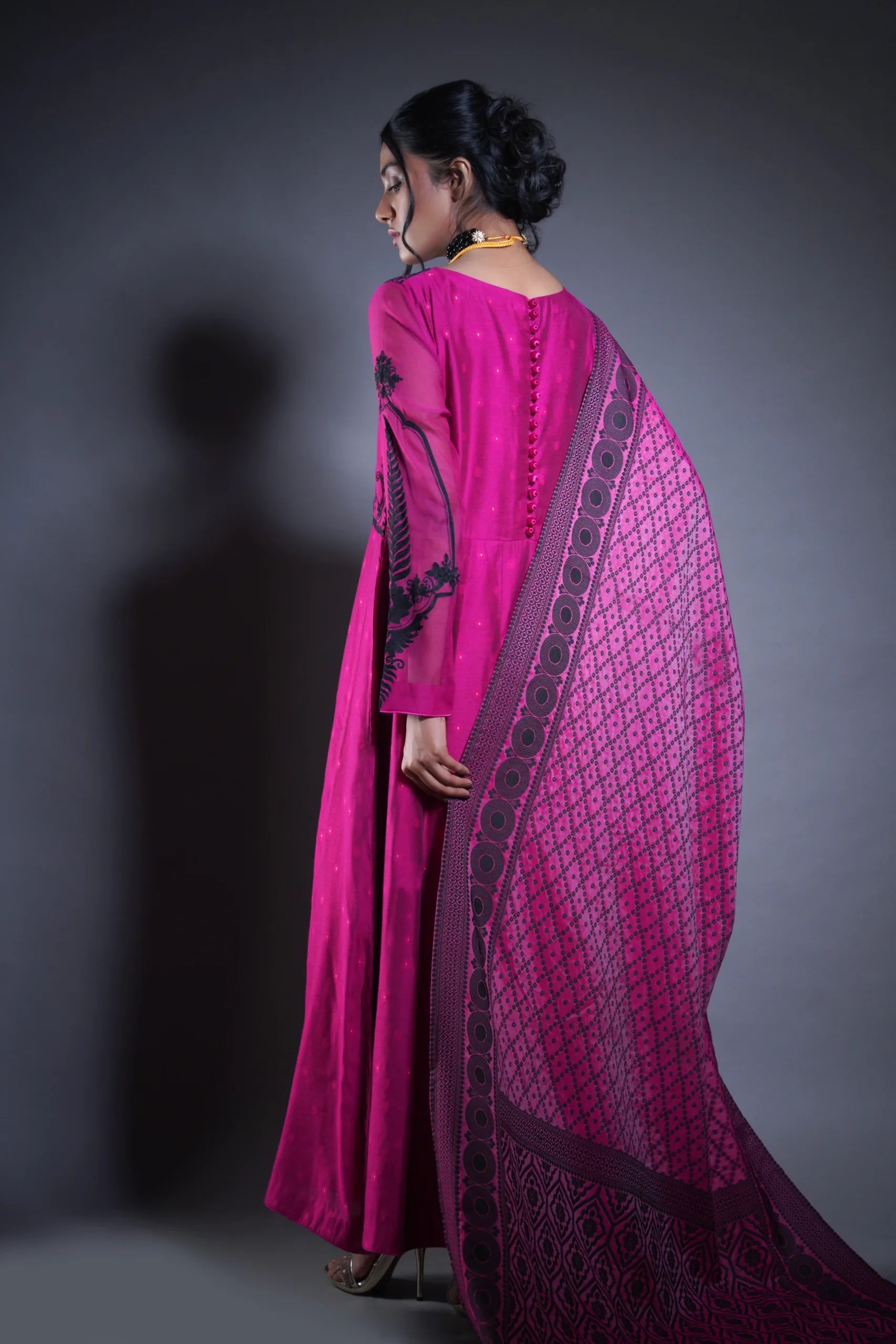 Pakistani Magenta Embroidered Karandi Mix Anarkali Dress (3-Piece) - Image 3