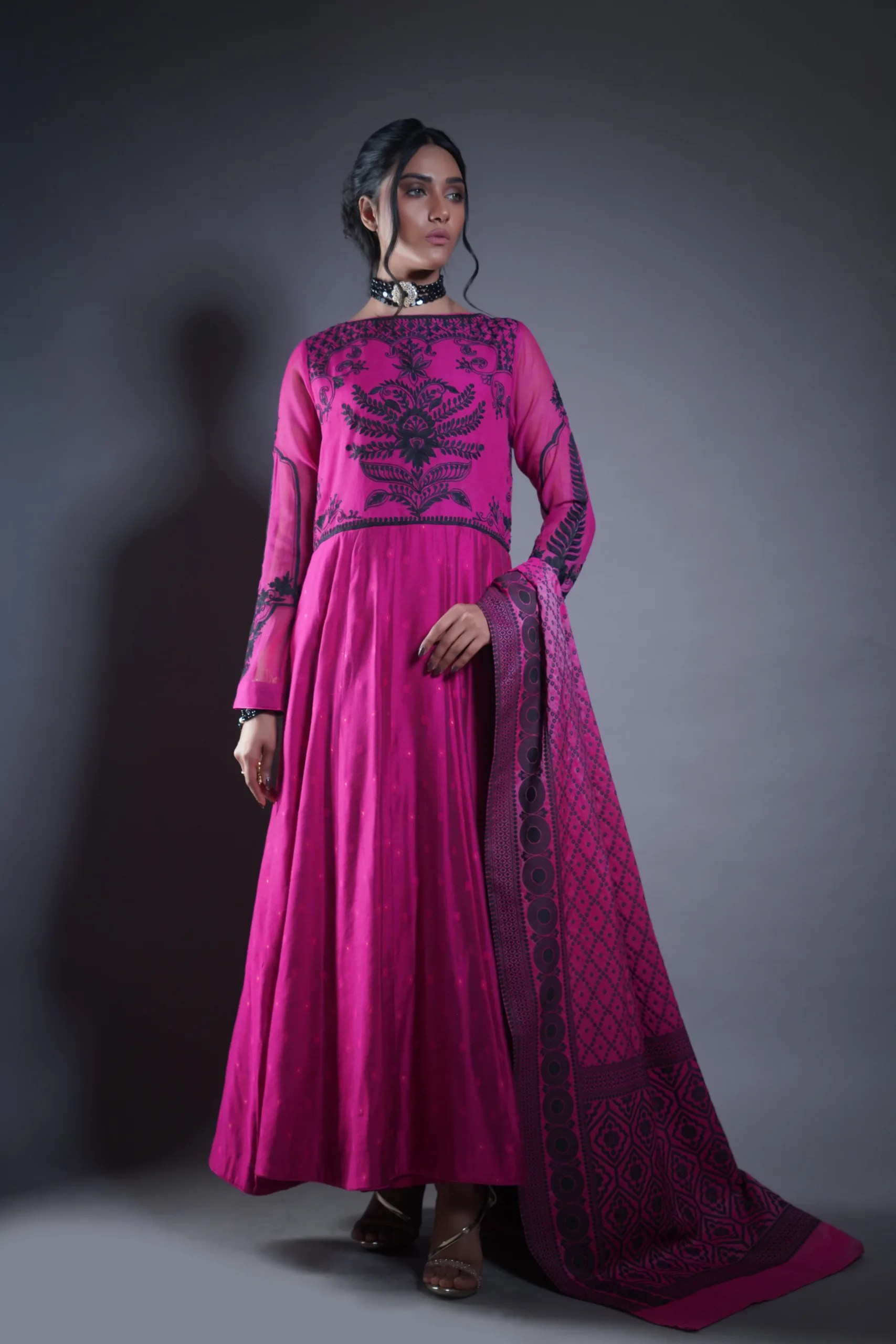 Pakistani Magenta Embroidered Karandi Mix Anarkali Dress (3-Piece) - Image 4